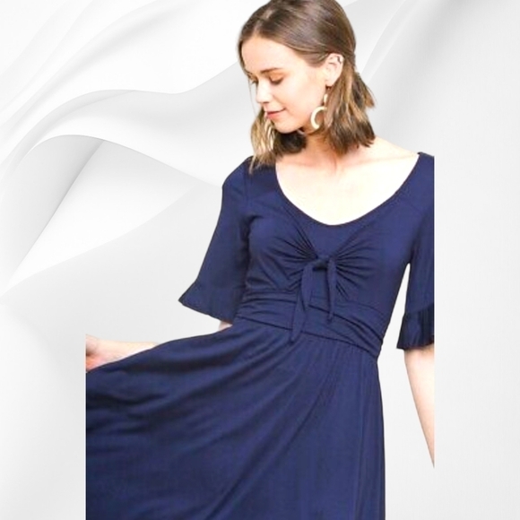 UMGEE - V-Neck Ruffle Sleeve Navy Blue Dress - Picture 3 of 5